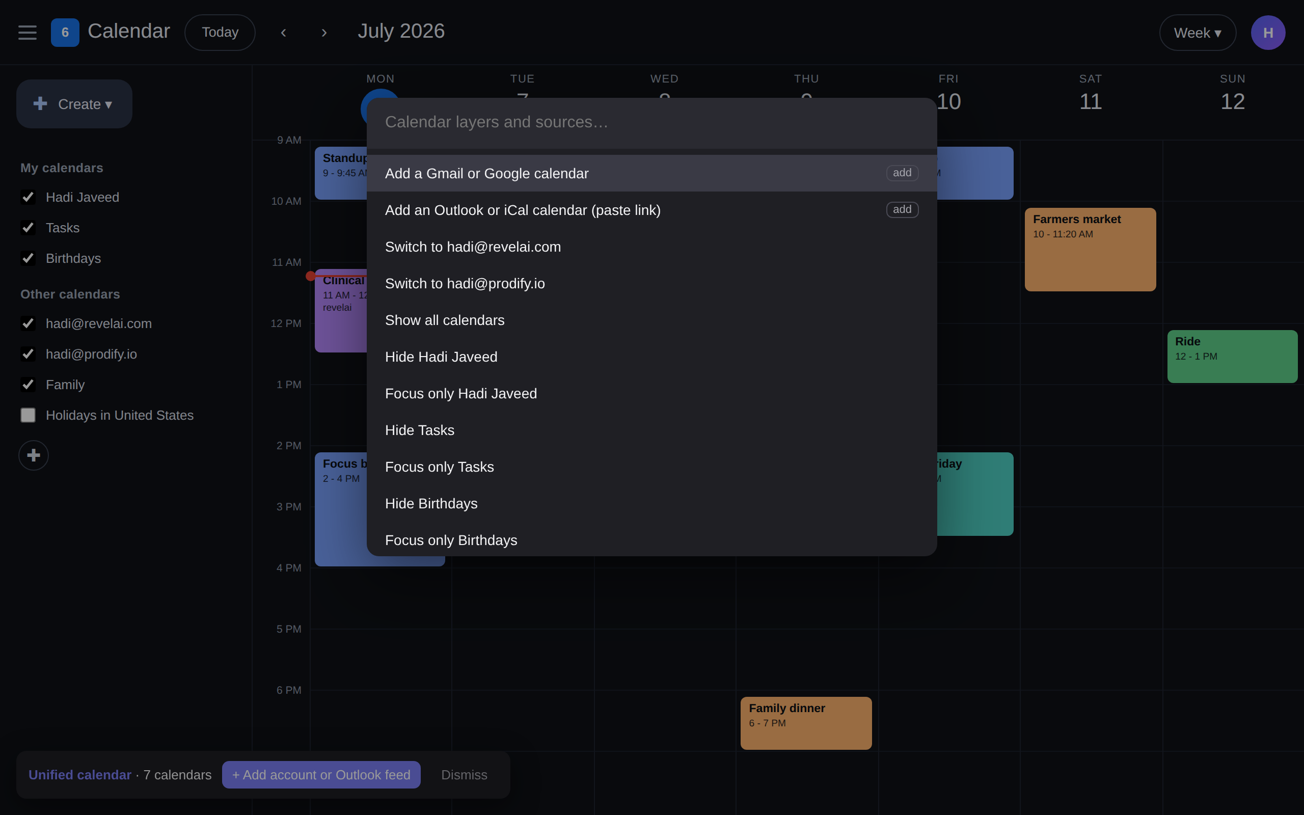 The calendar layer palette: add accounts, Outlook feeds, and toggle calendars from the keyboard