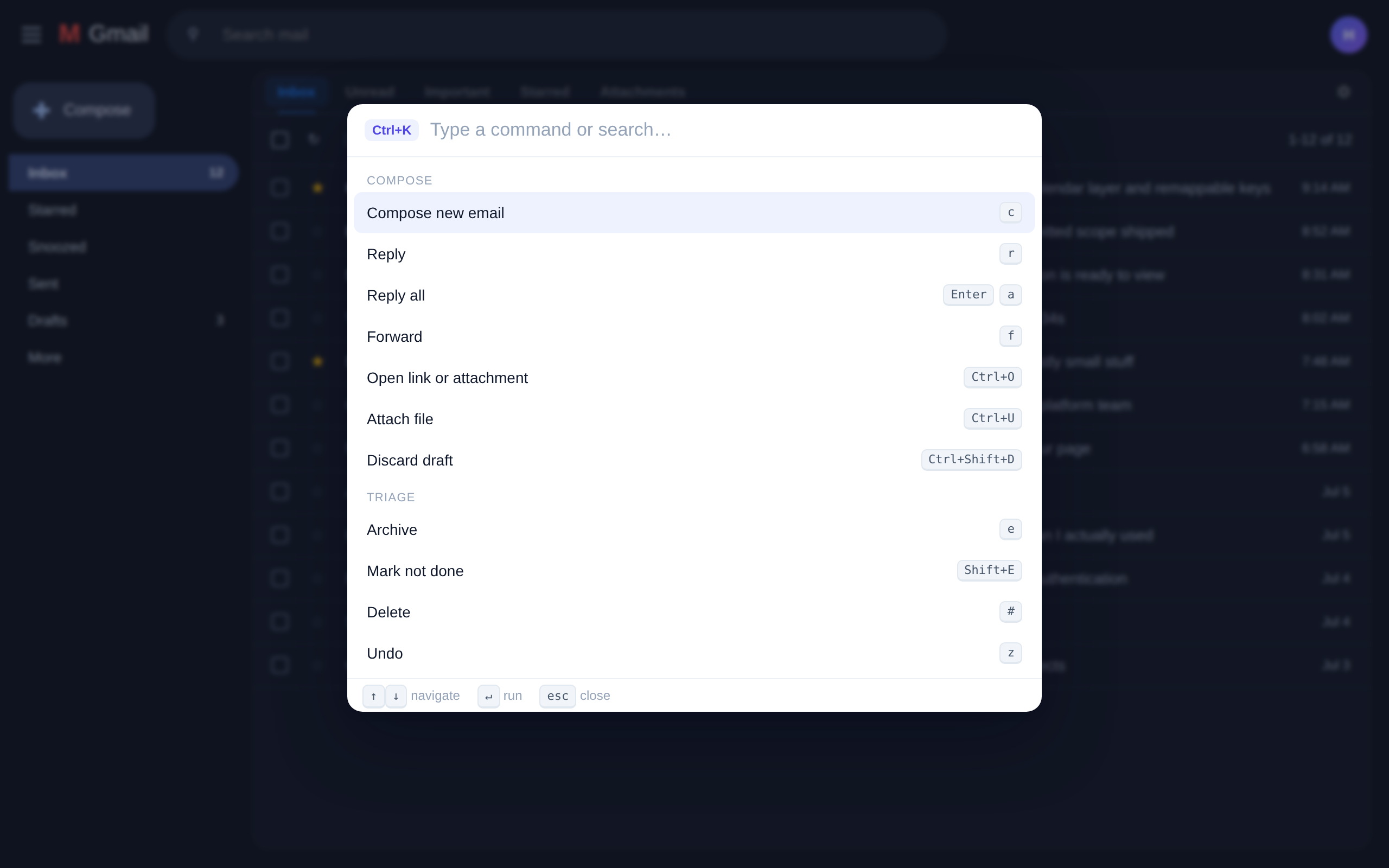 The Inbox Keys command palette over Gmail