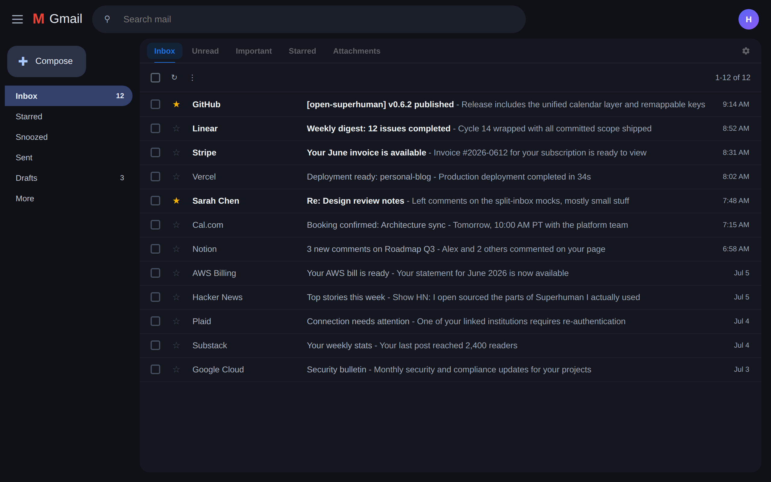 Split-inbox tabs over the Gmail thread list
